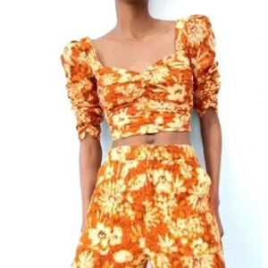 NWOT Zara Geometric Floral Print Cotton Cropped Top  S
